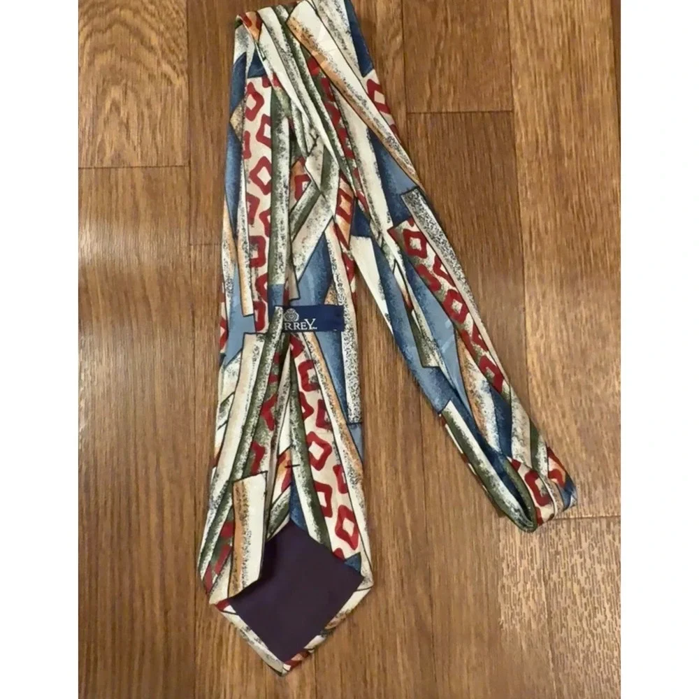 Surrey Mens Vintage 90s Geometric Abstract Print Necktie Blue Red Green USA Made